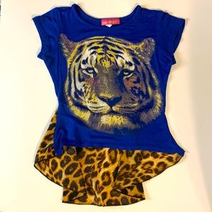 Dreamgirl (Shiny Happy) Tiger Face with Animal Print Black Short Sleeve Shirt